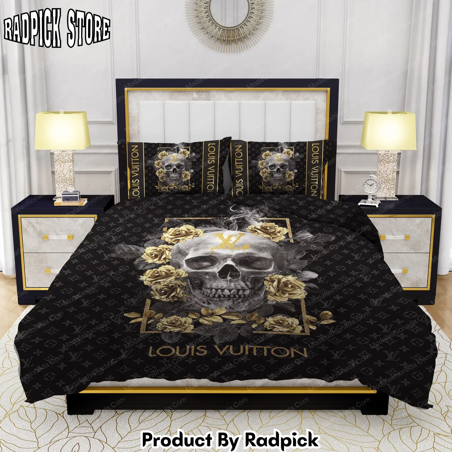 Radpick skull and yellow rose louis vuitton bedding sets rp3272304